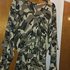 Ashley Stewart Green Camouflage Blouse with Ruffle Sleeves